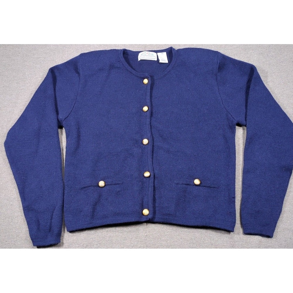 Vtg Club Classics Wool Cardigan Cable Knit Blue w/Goldtone Button Womens Size M
